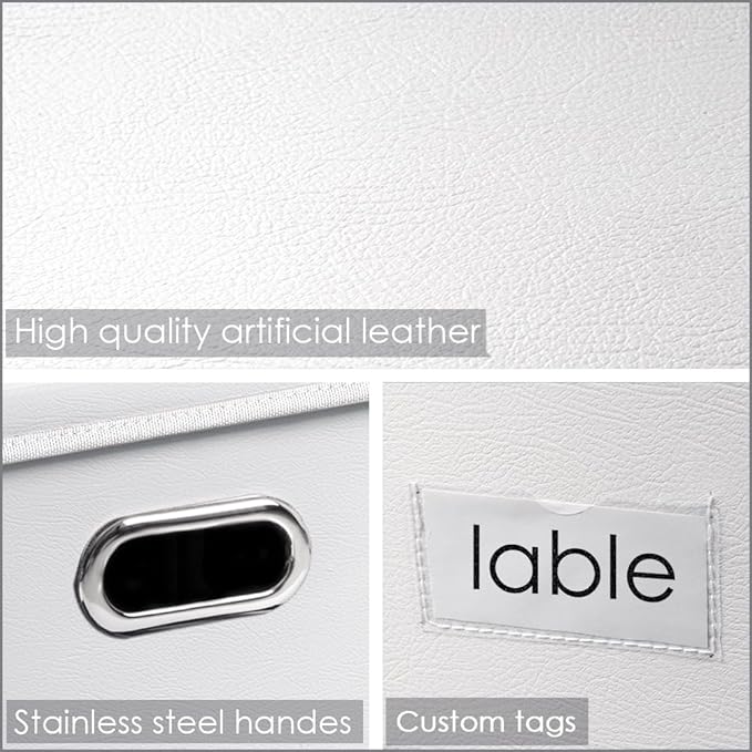 PRANDOM Collapsible Storage Box with Lid [3-Pack] Leather Fabric Foldable Storage Bin Organizer Container Basket Cube with Cover for Home Bedroom Closet Office Nursery White(13.6x9.6x6.9)