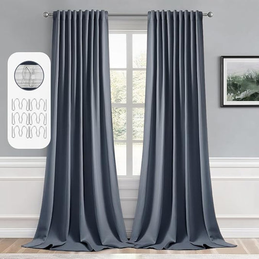 MIULEE Stone Blue Back Tab Blackout Curtains 108 Inch Long 2 Panels Set for Bedroom, Rod Pocket/Pinch Pleat Extra Long Thermal Insulated Living Room Darkening Pleated Light Blocking Drapes