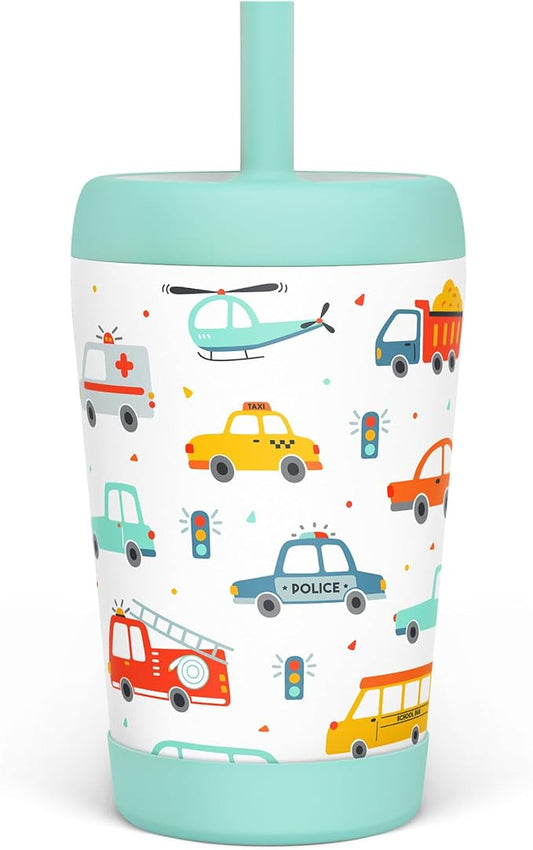 Kid Insulated Stainless Steel Tumbler with Silicone Straw, 12oz Sippy Cup for Kids (Transportation)