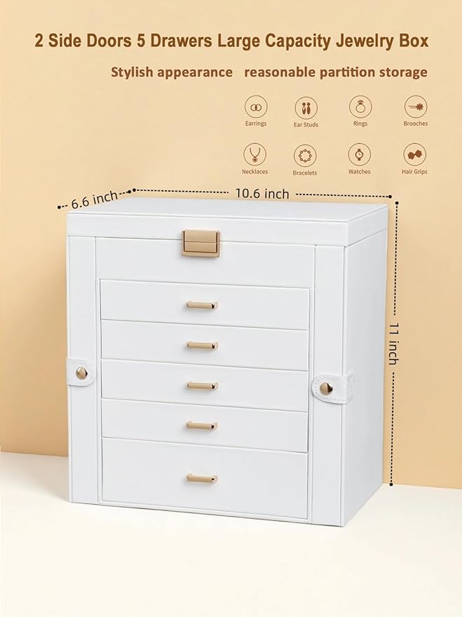 BOOVO Jewelry Box For women, 6 Layer Large Jewelry Organizer With Mirror, Multi-Function Storage Box With Lock, Necklace Holder With 5 Drawers, For Earrings Necklace Bracelet (White and Gold)