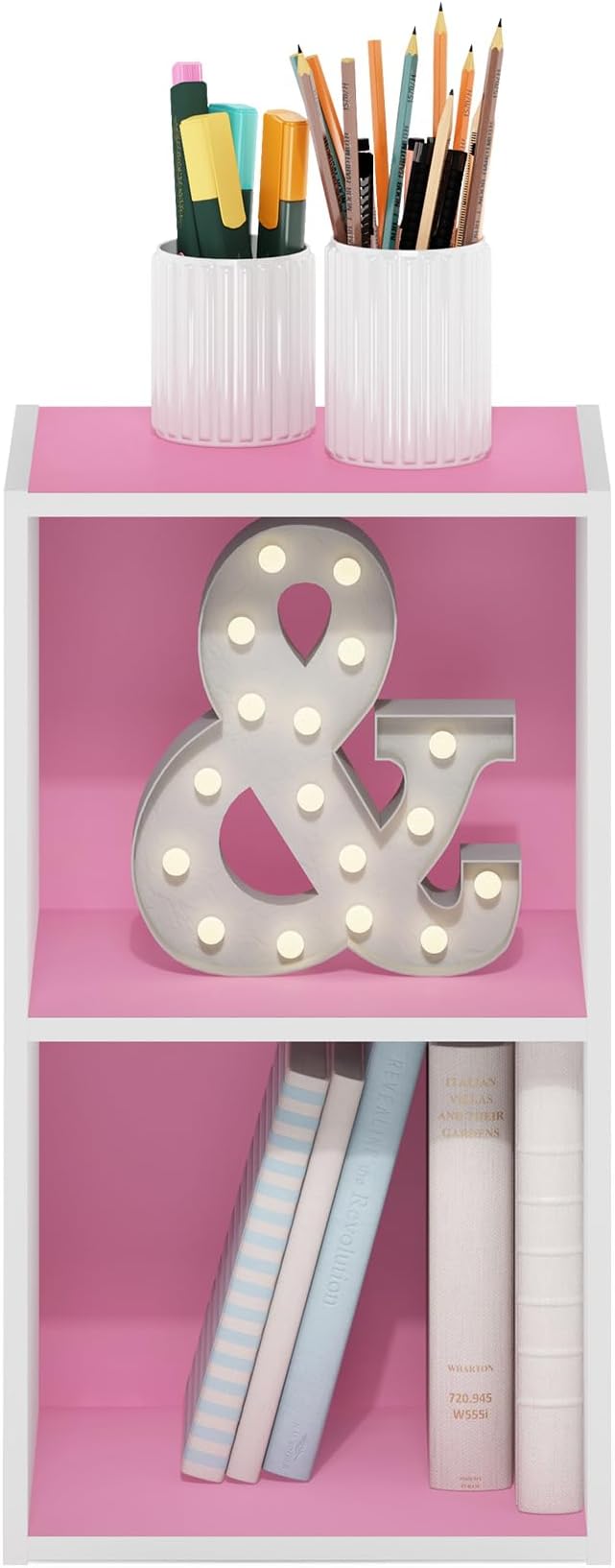 Furinno Luder Bookcase / Book / Storage, 2-Tier Cube, Pink/White