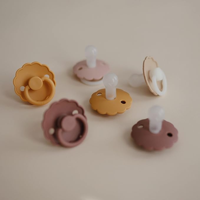 FRIGG Daisy SilkySoft Silicone Baby Pacifier | Made in Denmark | BPA-Free (Rose Gold/Honey Gold, 6-18 Months)