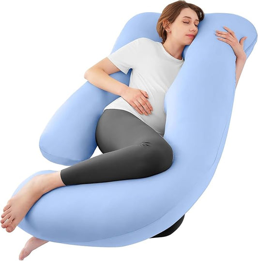 Sasttie Pregnancy Pillows for Sleeping, Jumbo U Shaped Cooling Full Body Pillow with Removable Cover, Pregnant Women Must Haves, Maternity Essential, Light Blue