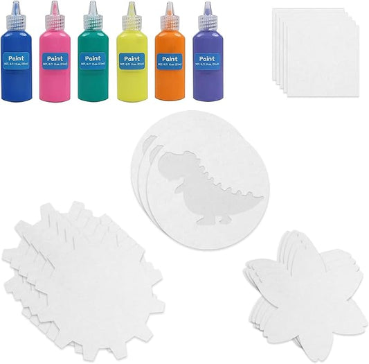 Spin & Paint Refill Pack is for the Wings Giant Spin Art Machine, 5 x Small Cards - 10 x Large Cards for Origami - 5 x Flower Cards - 5 x Gear Cards - 5 x Dinosaur Cards - 6 x Bottles of Colored Paint