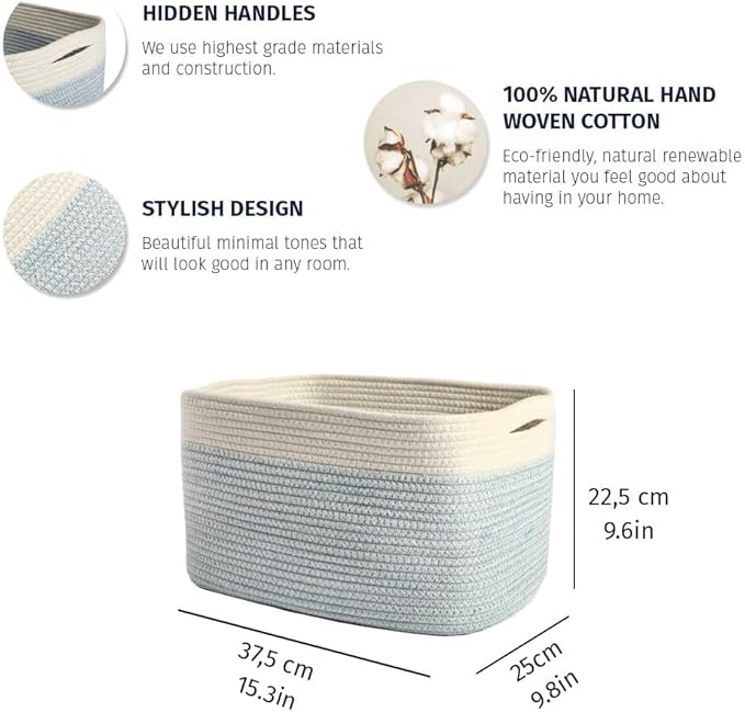 OrganiHaus Set of 3 Blue Woven Baskets for Storage, Cotton Rope Basket for Decor, Shoe Basket Organizers & Storage, Decorative Storage Baskets & Bins, Cute Storage Basket for Toys & Cloths