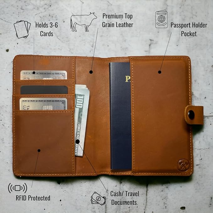 Genuine Leather AirTag and Moto Tag Passport Holder and Wallet for Men and Women RFID Blocking for Secure Traveling and Documentation Organizer (Brown)