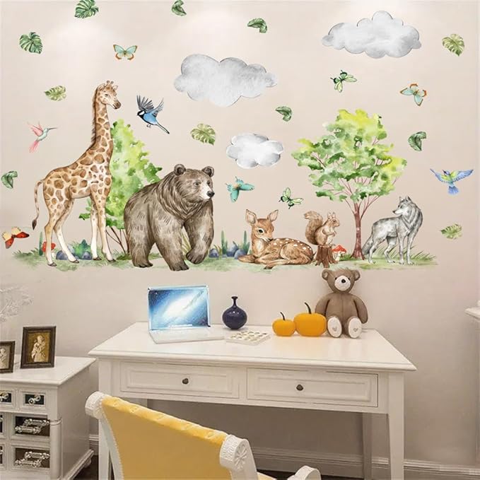 Watercolor Jungle Animal Wall Decals - Tiger, Elephant, Giraffe, Zebra, Lion,Monkey- Forest Wall Decal for Baby's Room, Playroom, Bedroom, Classroom, Kindergarten Decor