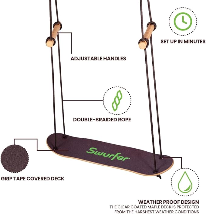 Swurfer TreeSkate Skateboard Swing, Outdoor Stand Up Surf Swing, Holds Up to 200 lbs, Ages 6 and Up, Adjustable Handles, Grip Tape, Kids Outdoor Play Equipment for Children and Adults (Waves)