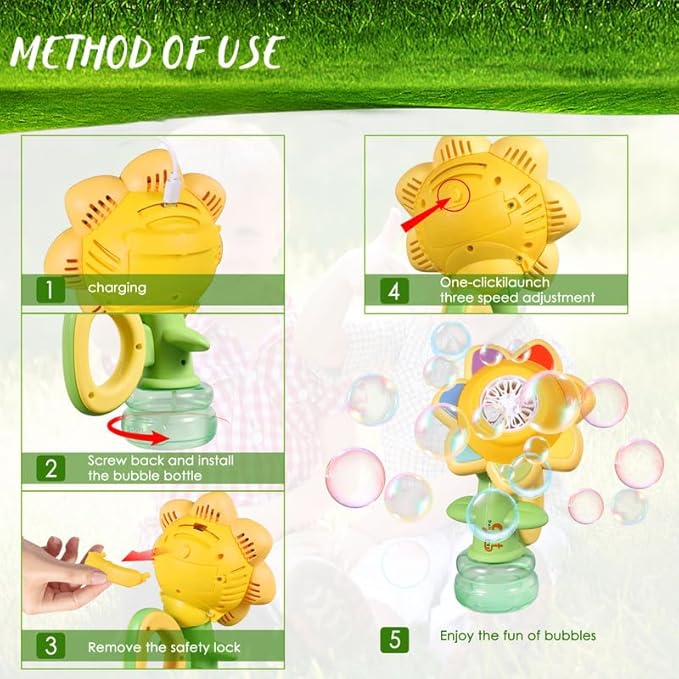 Sunflower Bubble Machine for Kids Automatic Flower Bubble Toy with Colorful Lighting for Toddlers Handheld 20000+Bubbles 3 Modes Fun Swing Dance Bubble Maker Blower Blaster Outdoor Toys Type-C Yellow