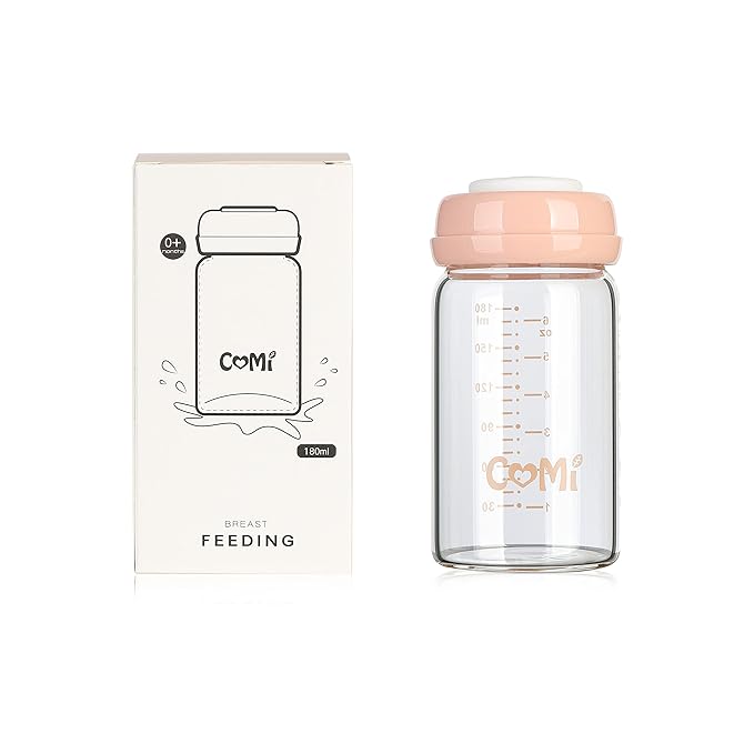 COMI Wide Neck Glass Breastmilk Collection n Storage Bottle, 6oz with Screw Ring Sealing Disk; Re-markable Sealing Disc. BPA Free, Fits Breast Pumps & Nipples (Pink Lids)