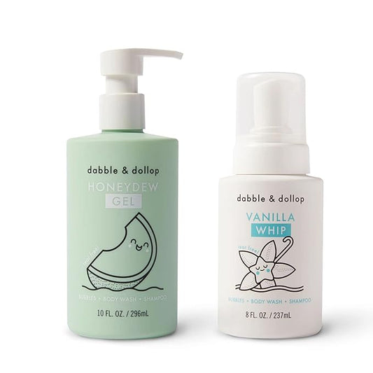 Dabble & Dollop Honeydew Melon + Vanilla Body Wash & Shampoo – 3-in-1 Natural Bubble Bath for Kids, Made in USA, No Parabens or Sulfates, Vegan, Gluten-Free, Tear-Free (2-Pack)