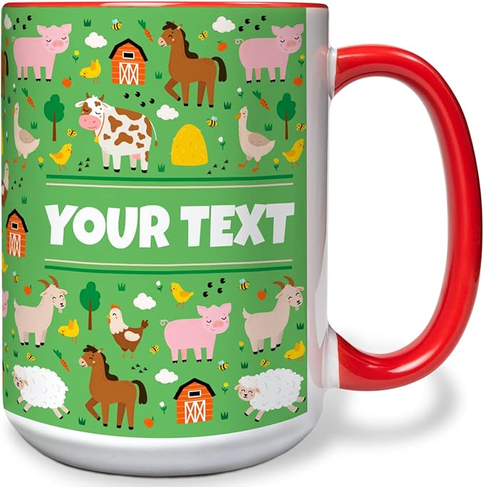 Personalized Mug for Kids - Farm Animals - Custom Name/Text, Ceramic Hot Chocolate/Cocoa/Coffee Cup for Boys/Girls, Birthday/Christmas/Holiday Gift - 15 oz, Red Handle
