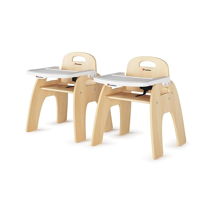 Foundations Easy Serve Low Wood Feeding Chairs Multipack, Adjustable Harness, Removable Dishwasher Safe Tray, No-Tip Base, Stackable Toddler Chairs, 2 Pack (13 inch)