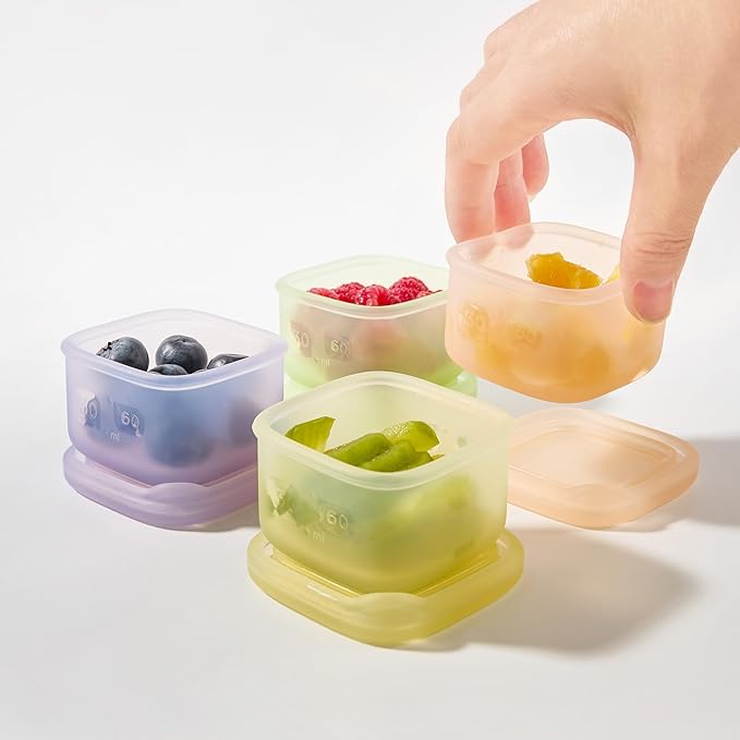 Olababy Clear Sense Silicone Storage Containers 4pk for Baby Food, Snacks, Formula, Puree, Sauce & More | Micro Plastic & BPA-Free | Daycare Essentials for Toddlers and Kids (Blueberry, 2 oz / 60 ml)
