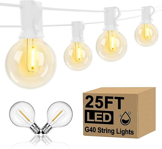 25Ft LED Outdoor String Lights, G40 Globe Patio String Lights Waterproof with 27 Shatterproof Bulbs, Hanging Outdoor Christmas Decorations Lights for Backyard Garden Bistro Wedding Party Decor, White