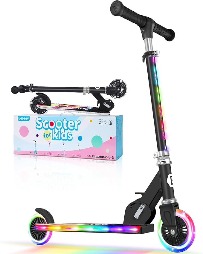 BELEEV V2 Scooters for Kids with Light-Up Wheels & Stem & Deck, 2 Wheel Folding Scooter for Girls Boys, 3 Adjustable Height, Non-Slip Pattern Deck, Lightweight Kick Scooter for Children Ages 3-12