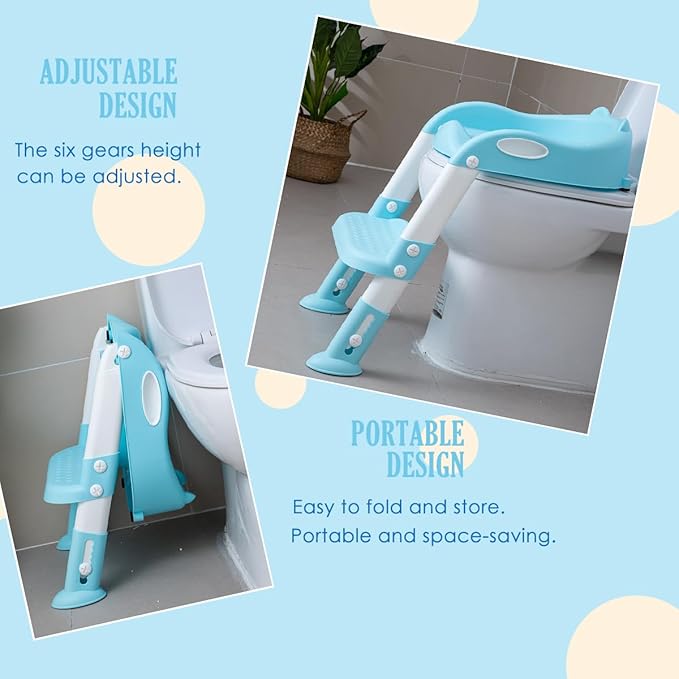 Potty Training Toilet Chair Seat with Step Stool Ladder for Kids and Toddler Boys Girls - Foldable Height Adjustable Children Toilet Training Seat with Safe Handles & Anti-Slip Pads, Blue-White