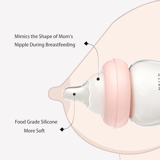 YOHKOH Natural Glass Baby Bottle with Natural Response Nipple, Newborn Anti-Colic Baby Bottles, Wide Neck Mushroom Cap Baby Bottle, Clear ((5.4oz (Pack of 2), Purple)