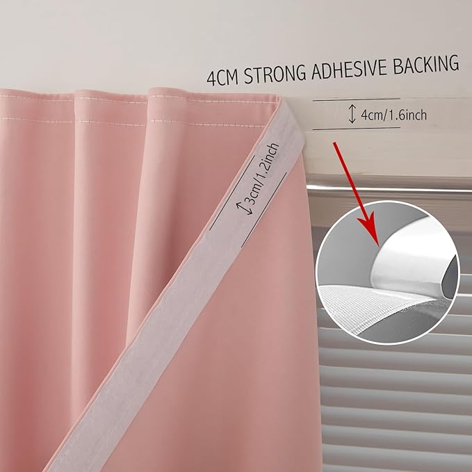 Self Adhesive Blackout Curtains- Stick on Curtains Shades Window Blinds Curtains No Rod Needed Easy to Hang Curtain, Use for Bedroom, Living Room,Roman Shades, 47" W X 71" L, Pink, 1 Panel