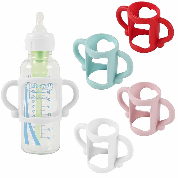 TonGass (4-Pack) Bottle Handles for Dr Brown Narrow Baby Bottles with Easy Grip Handles to Hold Their Own Bottle - BPA-Free Soft Silicone - Red Blue Pink and White