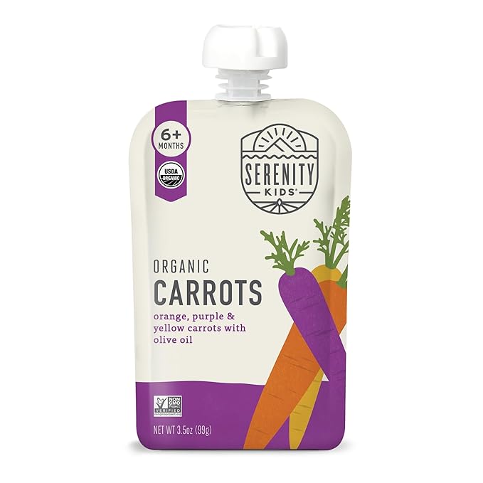 Serenity Kids 6+ Months USDA Organic Veggie Puree Baby Food Pouches | No Sugary Fruits or Added Sugar | Allergen Free | 3.5 Ounce BPA-Free Pouch | Carrots | 1 Count