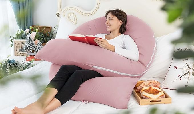 Meiz Pregnancy Pillow, Cooling Silky Pregnancy Pillows for Sleeping, 65" U Shaped Full Body Maternity Pillow for Pregnant Women, with Washable Jersey Cotton Cover, Pink