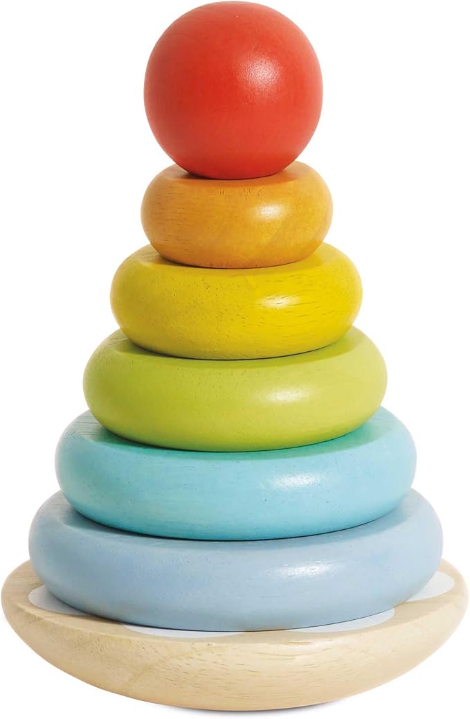 Le Toy Van – Wooden Rainbow Stacker | Girl & Boy 7 Piece Rainbow Wobbling Ring Stacker – Suitable for 18+ Months