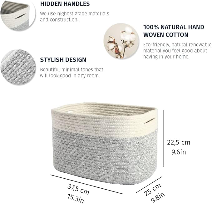 OrganiHaus Woven Basket for Storage, Baby Room Furniture, Decorative Towel Baskets for Bathroom, Cotton Rope Basket for Storage, Woven Baskets for Organizing, Rectangular Storage Basket, Grey