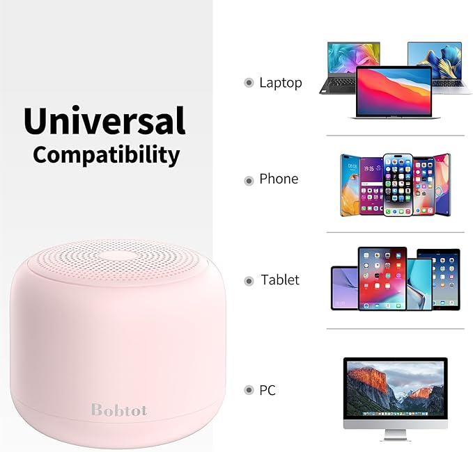 Bobtot Portable Bluetooth Speakers with Strap Easy to Carry, Wireless IPX5 Waterproof Mini Speaker with Loud Stereo Sound, 20 Hours Playtime, Rechargeable Battery, Built-in Microphone, Pink
