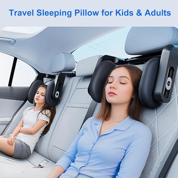 Car Headrest Pillow with Hook, Adjustable Car Seat Neck Support with Memory Foam & Ice Silk, 360° Rotating Travel Sleeping Headrest for Kids & Adults (1 Eye Mask Included)
