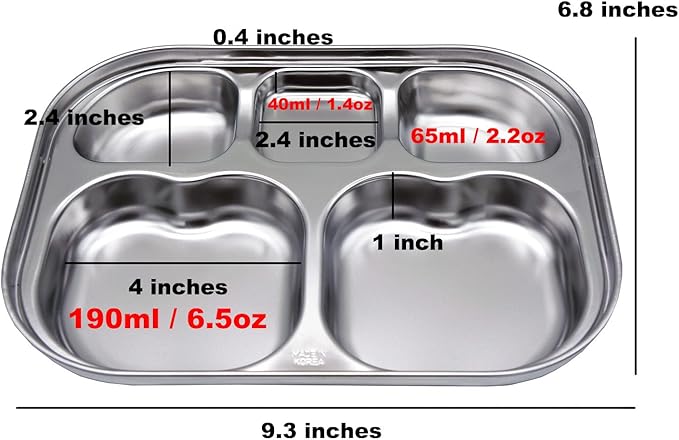 Korean Stainless Steel Divided Plates by KS&E, Little Kids Toddlers Babies small Tray, BPA Free, Diet Food Control, Compact Serving Platter, Snack, 5 Compartment Plate Silver, Set of 2