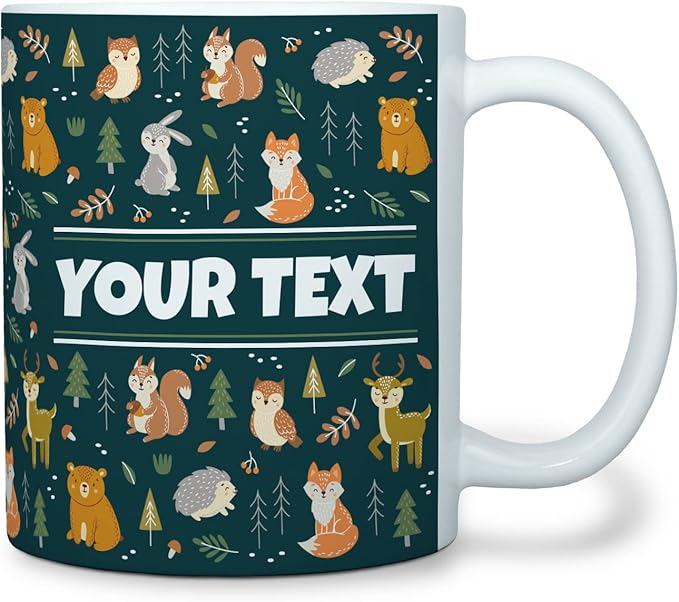 Personalized Mug for Kids - Woodland Animals - Custom Name/Text, Ceramic Hot Chocolate/Cocoa/Coffee Cup for Boys/Girls, Birthday/Christmas/Holiday Gift - 11 oz, White Handle