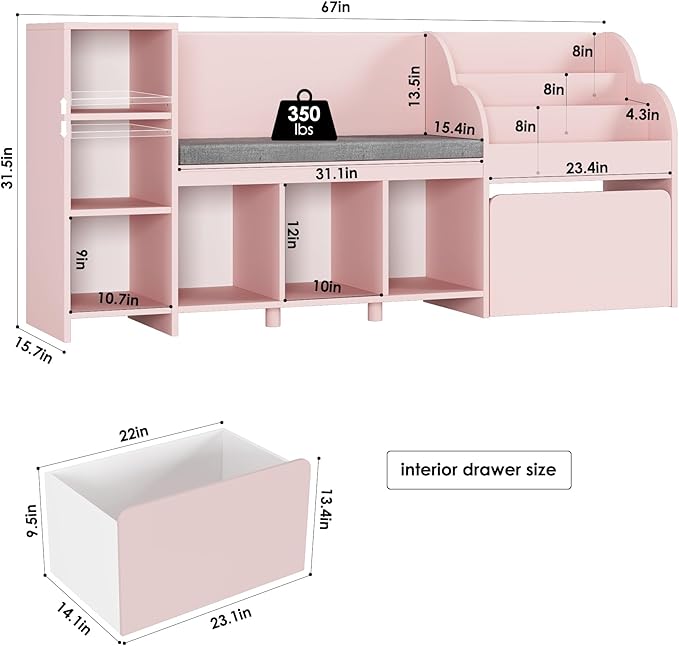 HOSTACK 67" Kids Reading Nook with Bench, Kids Bookshelf and Bookcase with Seat Cushion and 6 Storage Cubbies, Toy Storage Box on Wheels, Toy Chest for Playroom, Bedroom, School, Pink