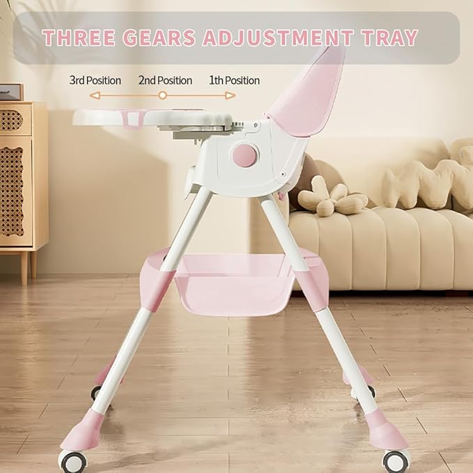 High Chairs for Babies and Toddlers, 4 in 1 Convertible Baby High Chair, Portable High Chair for Travel with Adjustable Height and Back, Foldable HighChair with Wheels& Pu Cushion