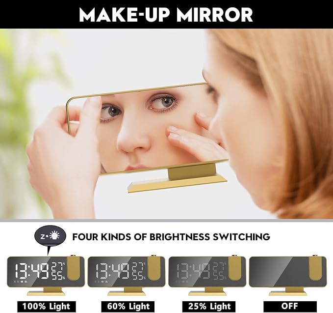 Projection Digital Alarm Clock for Bedrooms, Alarm Clock Radio on Ceiling, USB Charger Port, Temperature & Humidity Display, 7.3” Large Mirror LED Display,12/24H,Snooze,Dual Loud Clock- 4 Dimmer