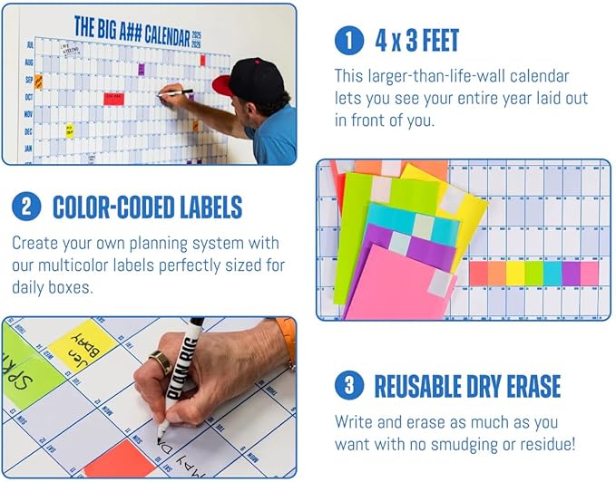 The Big A## Calendar Mid-Year Wall Planner – July to June Dry-Erase Board – Includes 1 Marker & 100 Labels – Lightweight, Easy to Hang Yearly Planner – Plan Goals & Adventures – Neutral, 4’x3’