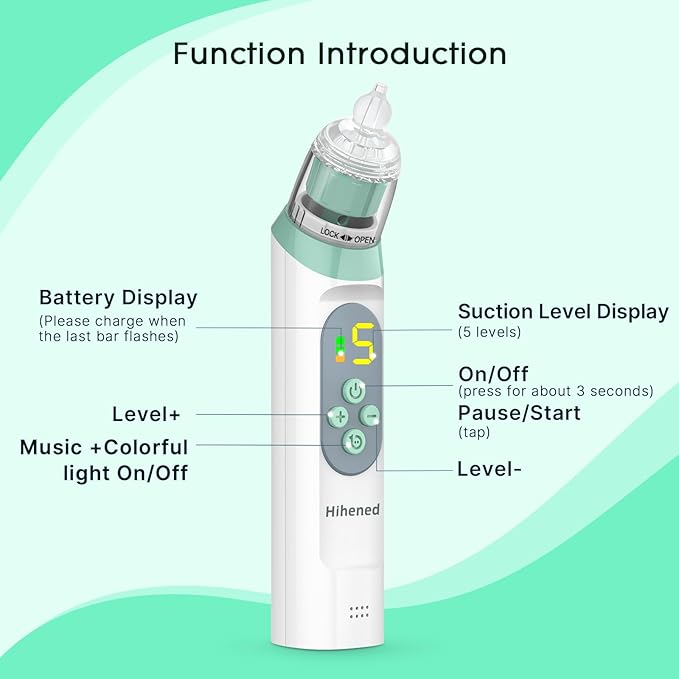 Electric Nasal Aspirator for Baby, Nose Aspirator for Toddlers, Waterproof Baby Nose Sucker, Nose Cleaner with 3 Silicone Tips, Adjustable Suction Level, Music and Light Soothing Function,Green