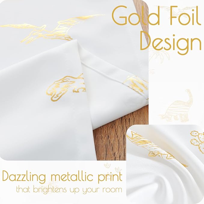 Vangao Kids Curtains White Drapes Dinosaur Curtains for Boys Kids Nursery Girls Room Golden Dino Foil Print Light Filtering Grommet Top Window Drapes 63 Inches Length 2 Panels