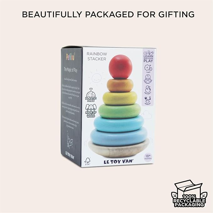 Le Toy Van – Wooden Rainbow Stacker | Girl & Boy 7 Piece Rainbow Wobbling Ring Stacker – Suitable for 18+ Months