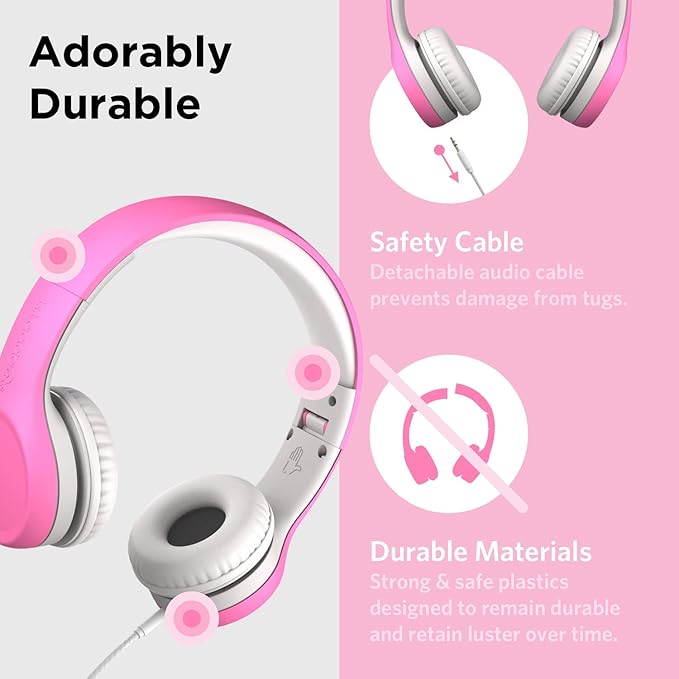 LilGadgets Connect+ Girls Headphones for School Wired with Microphone, Volume Limiting for Safe Listening, Adjustable Headband, Cushioned Earpads for Comfort, Kids Headphones for School, Pink