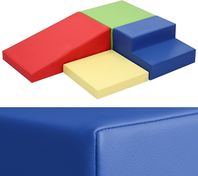 4-Piece PU Leather Baby Foam Climbing Blocks for Toddlers - Soft Play Climbing Toys for Toddlers - Foam Climbing Set for Crawling and Sliding Indoor (Red Yellow Blue)