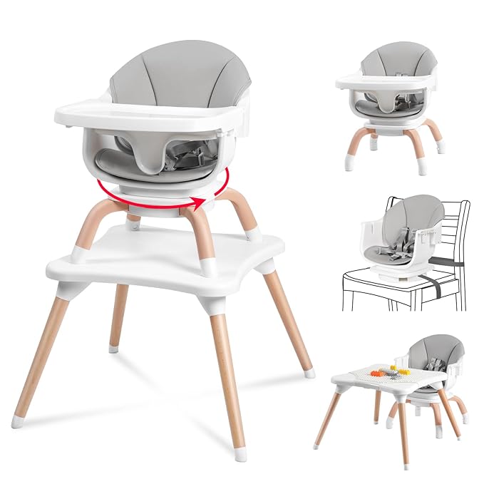 Baby High Chair, 7 in 1 Convertible High Chairs for Babies and Toddlers, Kids Learning Table, Building Block Table, Toddler Dining Chair with 360° Rotating Seat, 5-Point Safety Harness (Grey)