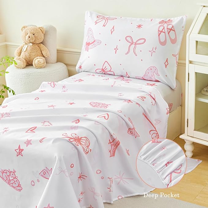PERFEMET 4 Pieces Bow Comforter for Toddler Girls Reversible Bowknot Pink Toddler Bedding Set Ultra Soft Lightweight Princess Crib Bed Set with Sheets