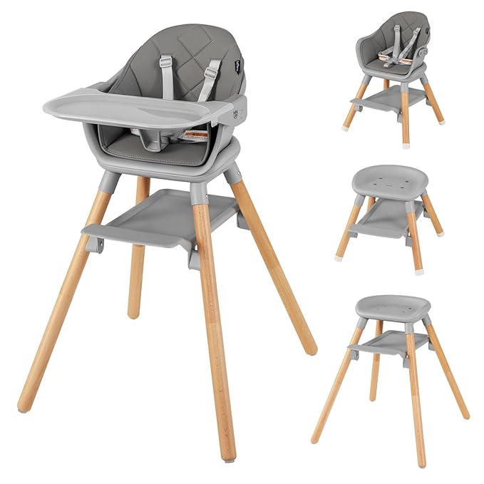 BABY JOY Baby High Chair, 6 in 1 Convertible Wooden Highchair for Babies & Toddlers with Adjustable Legs, Removable Double Tray, Safety Harness & Waterproof PU Cushion (Gray)