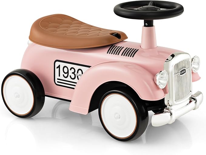 HONEY JOY Ride On Push Car, Outdoor Toddler Riding Toys w/Steering Wheel, Horn & Storage, Foot-to-Floor Sliding Car, No Batteries, Retro Baby Ride On Toys for Boys and Girls (Pink)