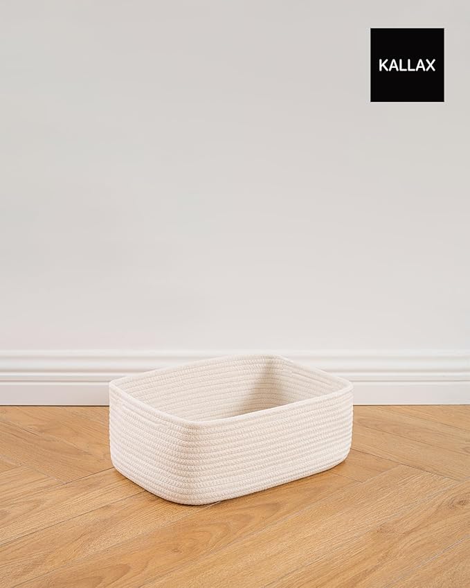 KALLAX Small Woven Basket, 13.5 x 9.5 x 5 Inches, Storage Basket for Organizing, Cute Small Rope Shelf Closet Cube Storage Bins Baskets for Shelves, Dog Toy Gift Baskets Empty, 3 Packs, Off White
