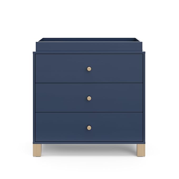 Storkcraft California 3-Drawer Chest with Removable Changing Topper (Midnight Blue with Driftwood) – GREENGUARD Gold Certified, Interlocking Drawer System, Pre-Installed Tracks, Easy Assembly