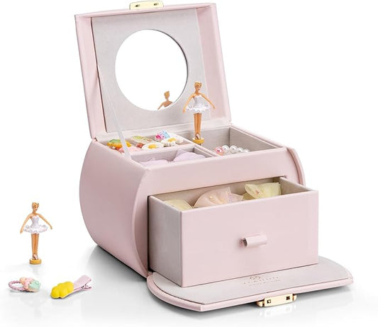 Vlando Musical Jewelry Box with Spinning Ballerina, Lockable Girls’ Jewelry Organizer for Necklaces Rings and Hair Accessories, Gift for Girls and Kids, Barely Pink