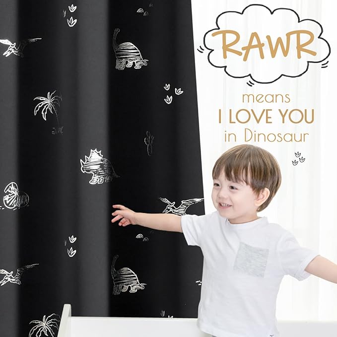 Vangao Kids Curtains Black Blackout Dinosaur Curtains for Boys Kids Nursery Girls Room Silver Dino Foil Print Thermal Insulated Drapes Grommet Top Window Treatments 63 Inches Length 2 Panels