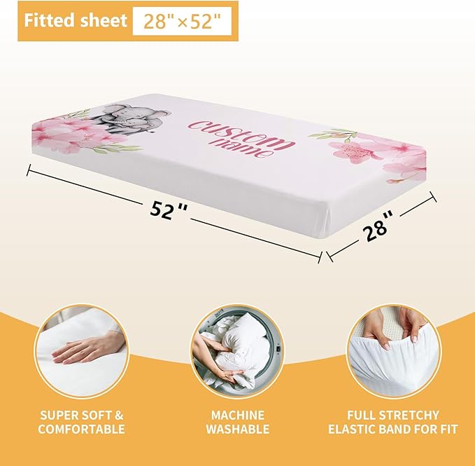 Personalized Crib Bedding Set, 5 Pcs Custom Nursery Bedding Sets with Name, Infant Bedding Set for Baby Girls, Pink Elephant Double Layer Baby Crib Set, Babies Toddlers Kids Customized Gifts